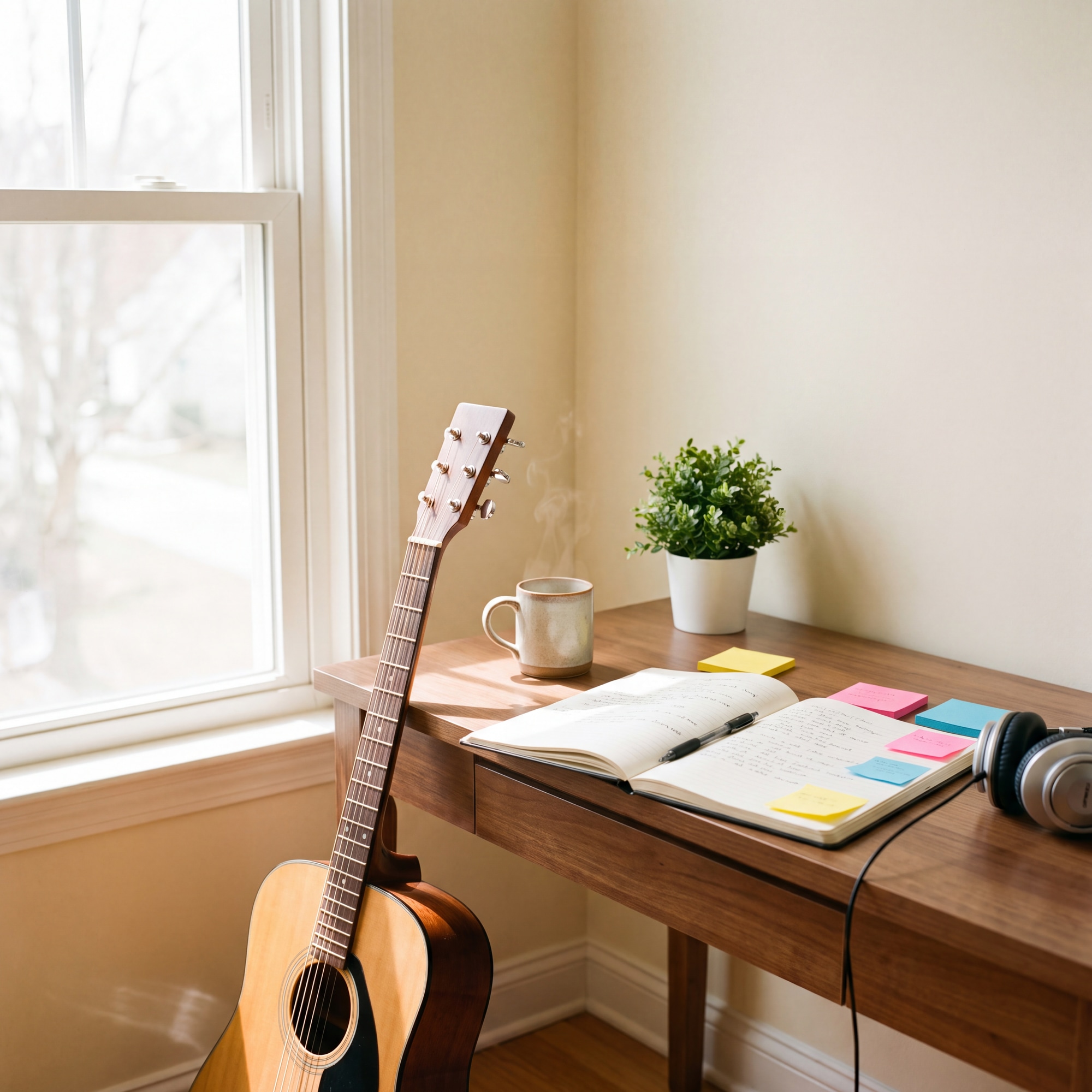 Et skrivebord ved et vindu med åpen notatbok, gitar, kaffekopp og fargede lapper.